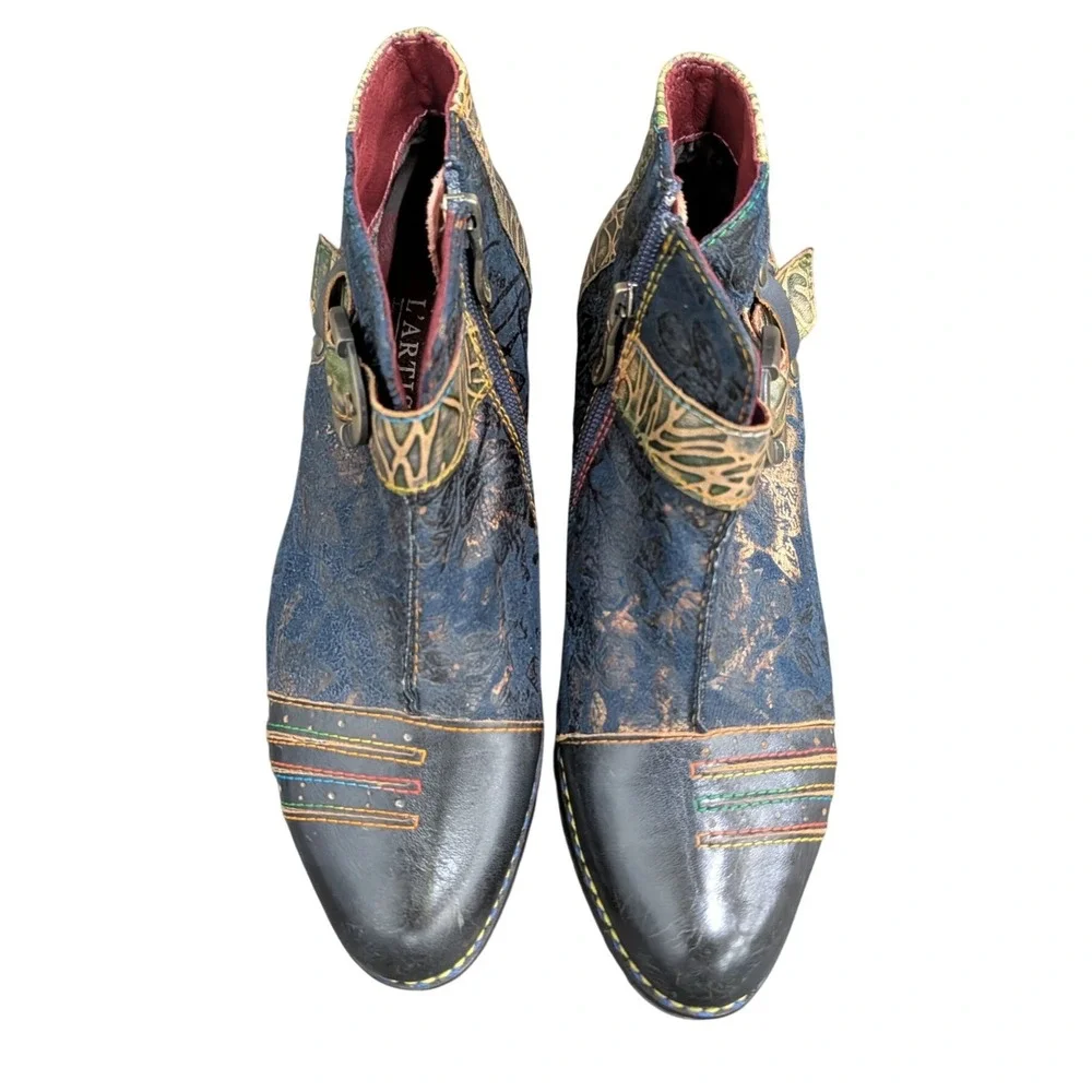 L'Artiste Spring Step Georgiana Blue Floral Leather Ankle Boots Rainbow- 6.5